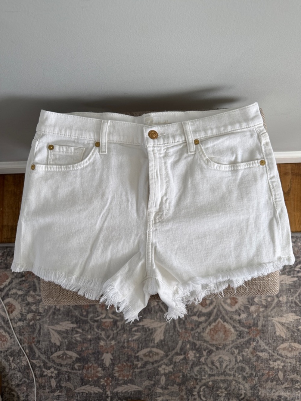 7 For All Mankind White Frayed Hem Denim Shorts with Gold Hardware - Picture 3 of 9